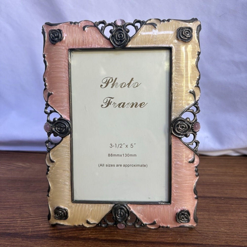 Eleganza Imports Pink Cream Enamel Rose Photo Frame 3.5x5 Ornate Metal Decor